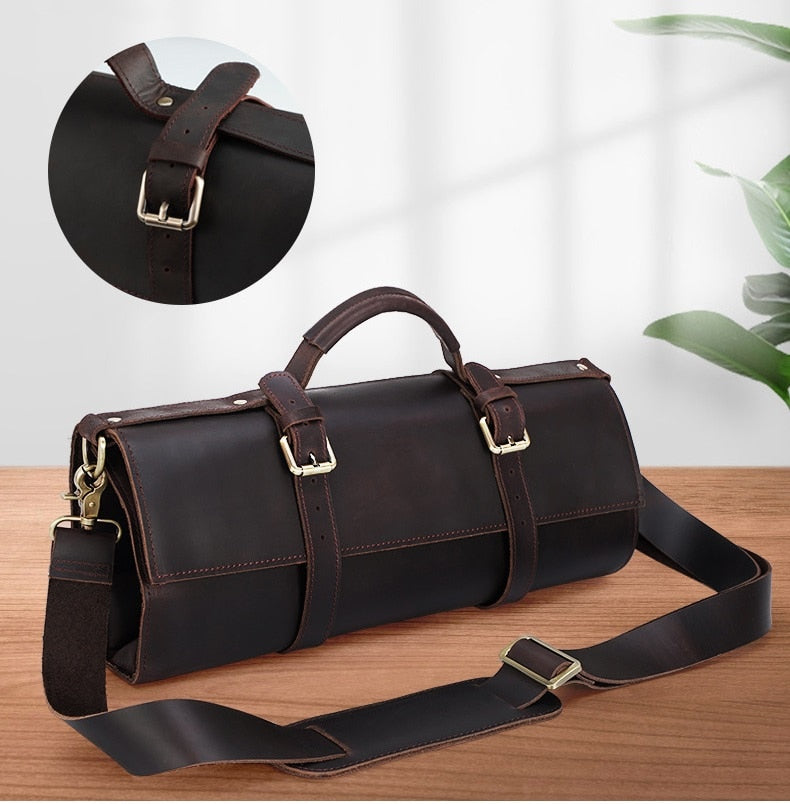 COW LEATHER CHEF KNIFE BAG CANVAS ROLL BAG CARRY CASE BAG - KITCHEN TOOL