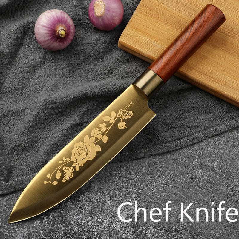 Golden Titanium Plated  Kitchen Knives Bone Chef